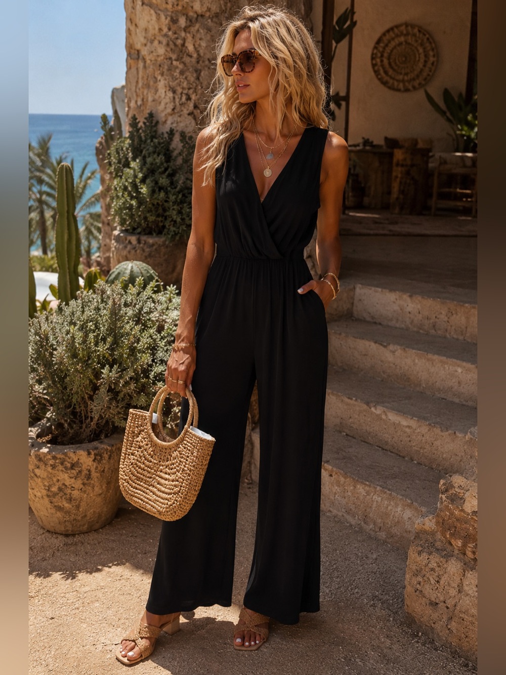NY Collection Petite Black Faux Wrap Wide Leg Jumpsuit Made in USA Size PS